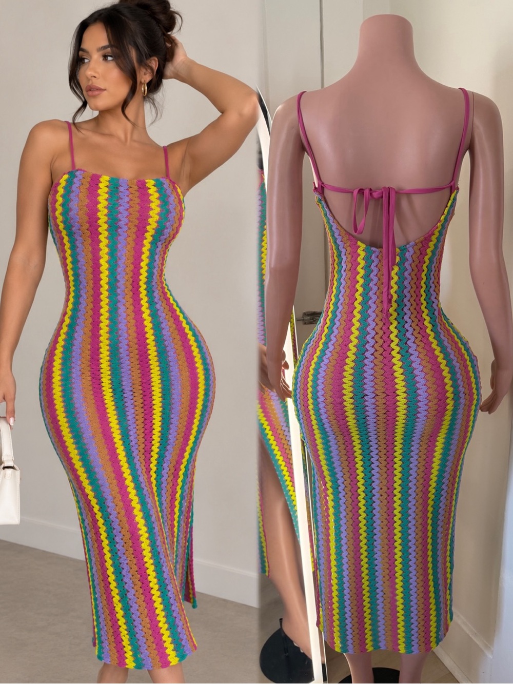 Multi-Color Striped Crochet Midi Dress - Pink Straps